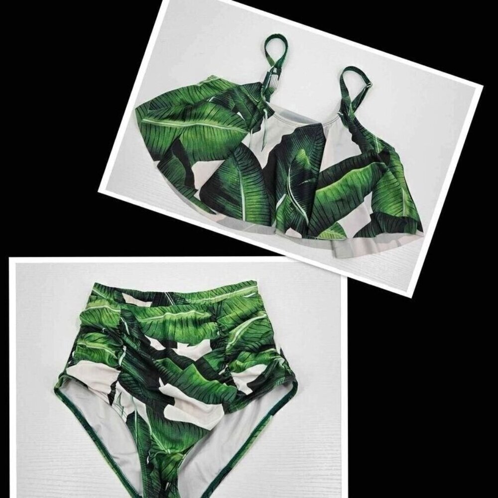Avid Love Womens M Swimwear 2 Piece Tropical Leafy Layered Top High Waist Bottom